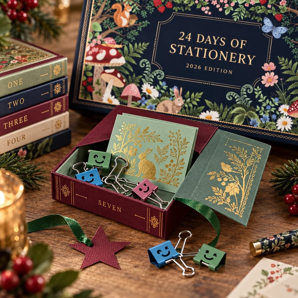 Woodlore Adventskalender geöffnete Box mit goldgeprägten Mini-Heften und Büroklammern