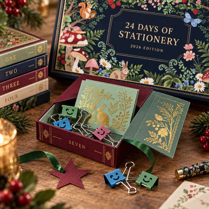 Woodlore Adventskalender geöffnete Box mit goldgeprägten Mini-Heften und Büroklammern