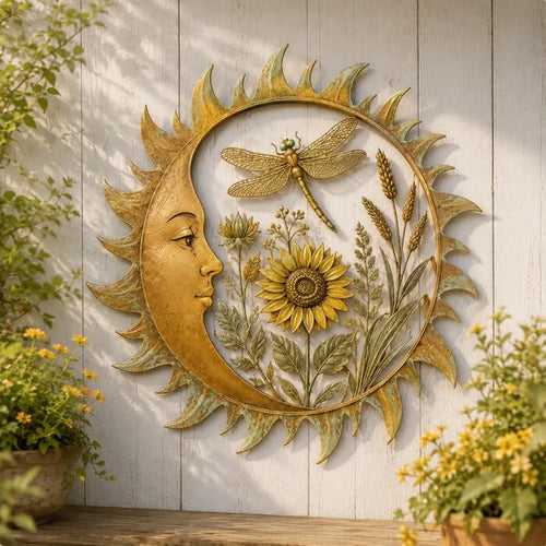Solmira Sonne-Mond Wanddeko Libelle-Design am Gartenzaun