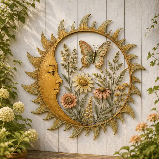 Solmira Sonne-Mond Wanddeko Schmetterling-Design am Gartenzaun