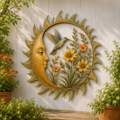 Solmira Sonne-Mond Wanddeko Kolibri-Design am Gartenzaun