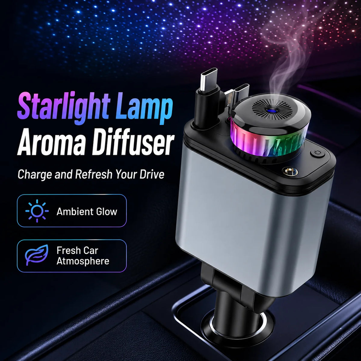 VoltDrive – 180 Watt Auto-Ladegerät mit Duft- und Lichtfunktion