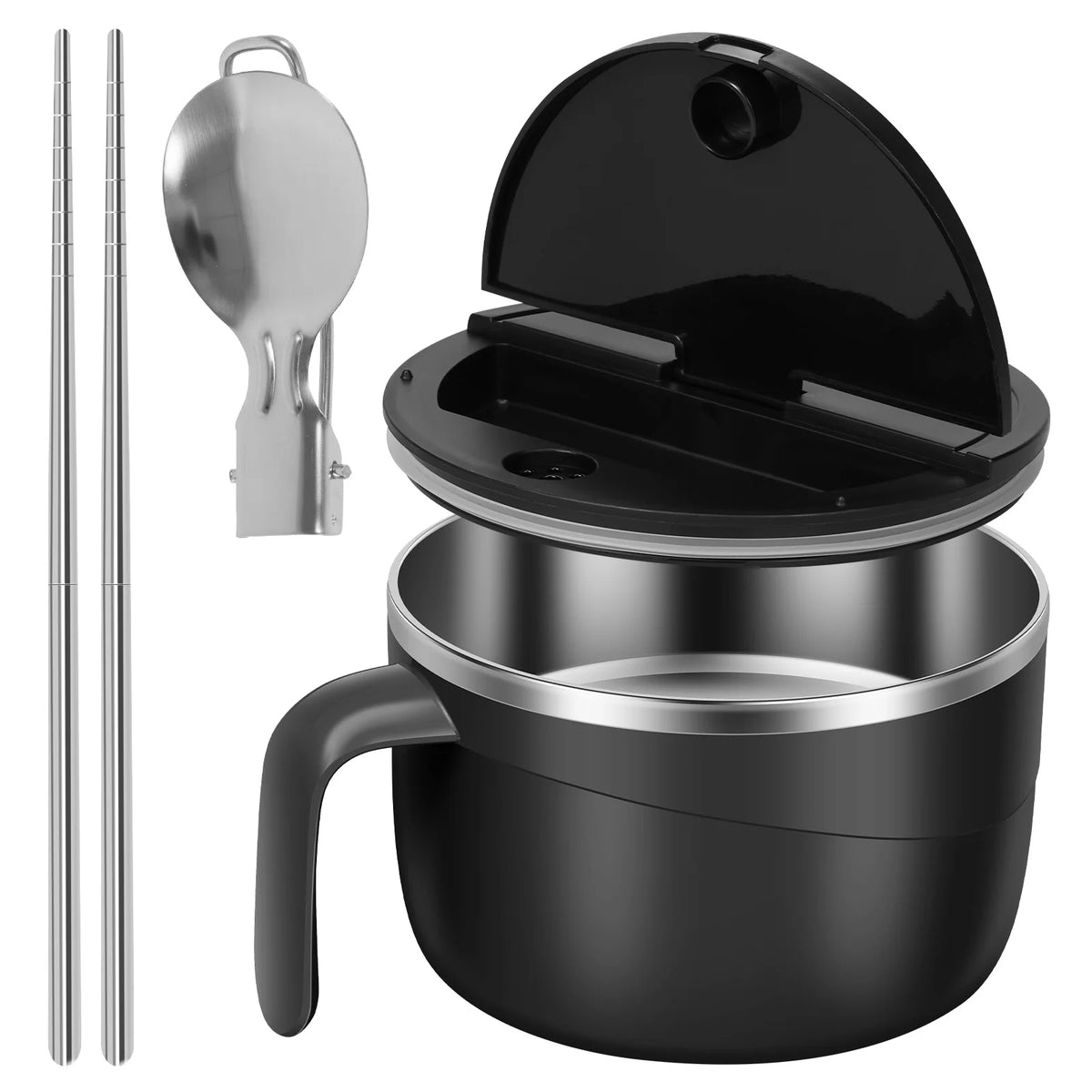 NudelMate Ramen-Becher schwarz, geöffneter Deckel mit Besteckfach