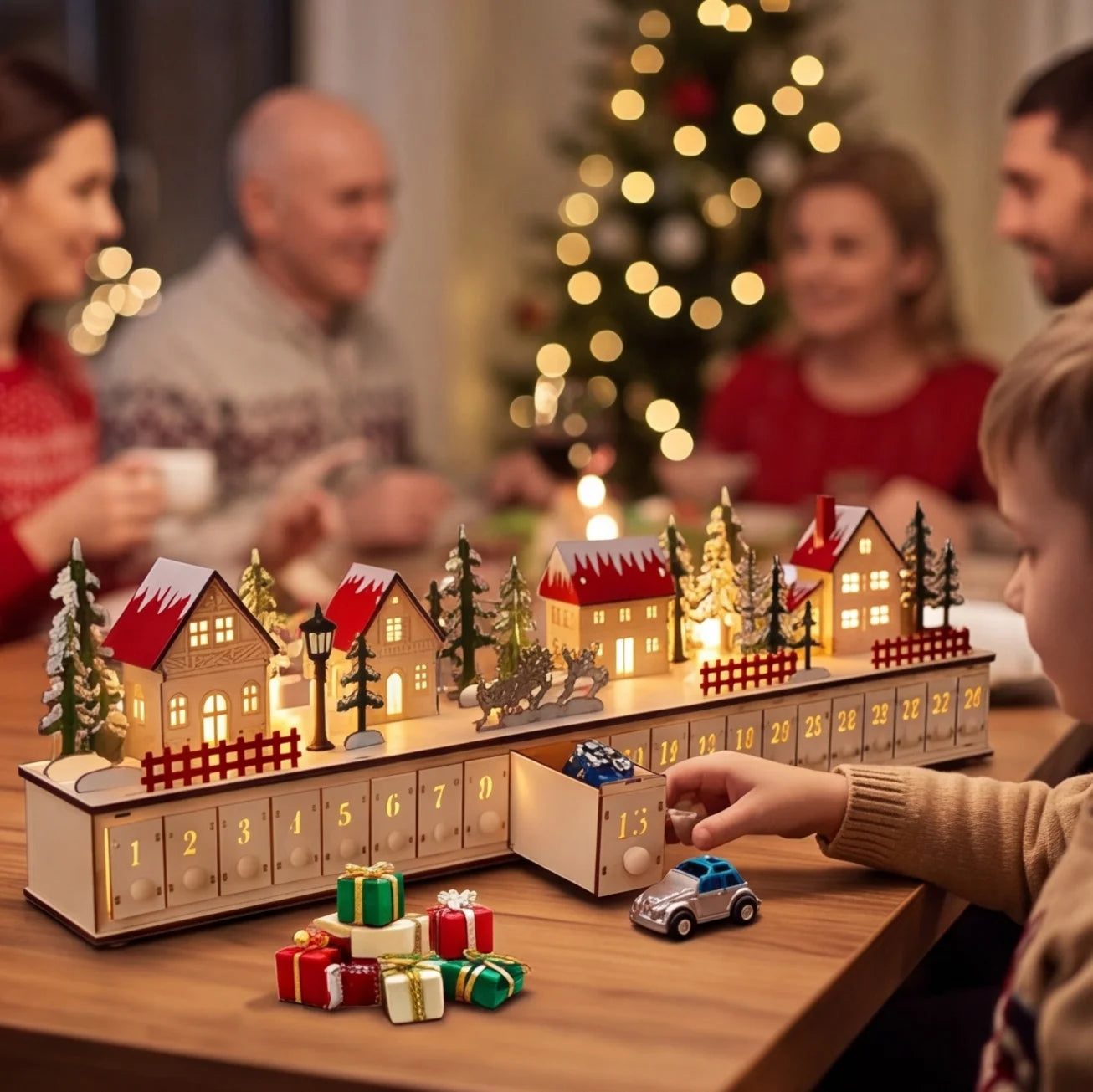 Dorféa – Beleuchteter Holz-Adventskalender mit 24 Schubladen