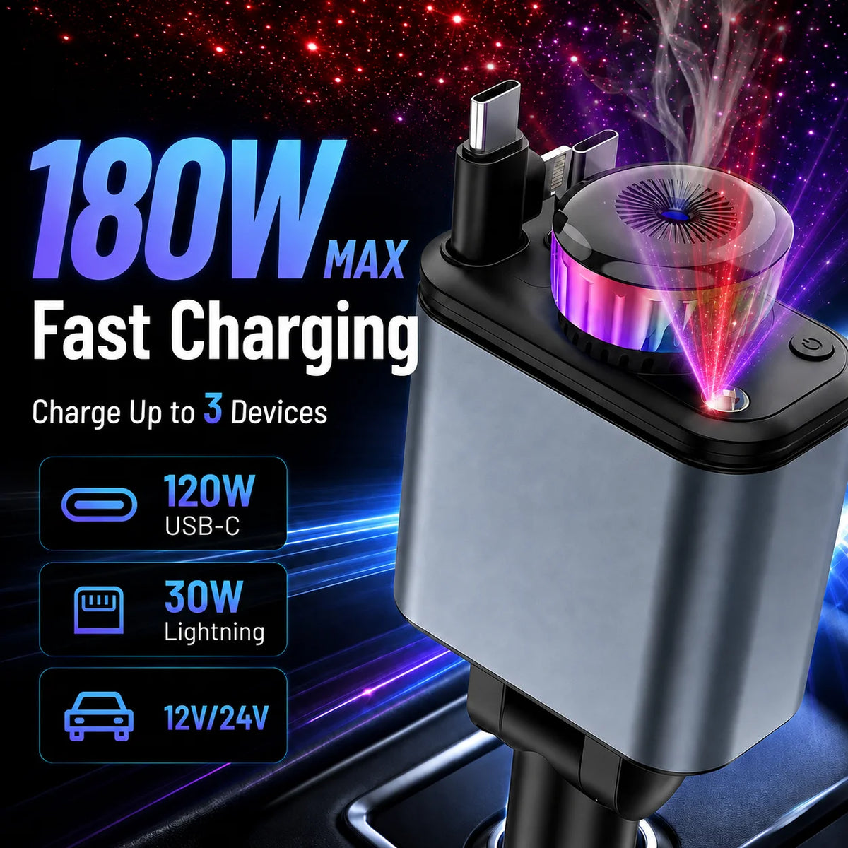 VoltDrive – 180 Watt Auto-Ladegerät mit Duft- und Lichtfunktion