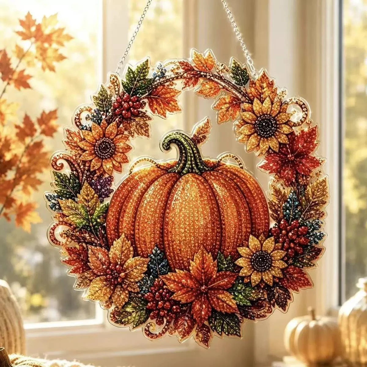 Spookara – Halloween Diamantmalerei-Kranz DIY-Set, Katze & Kürbis