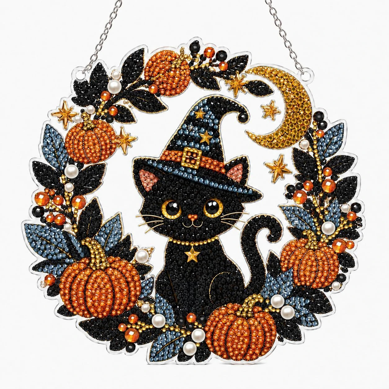 Spookara – Halloween Diamantmalerei-Kranz DIY-Set, Katze & Kürbis