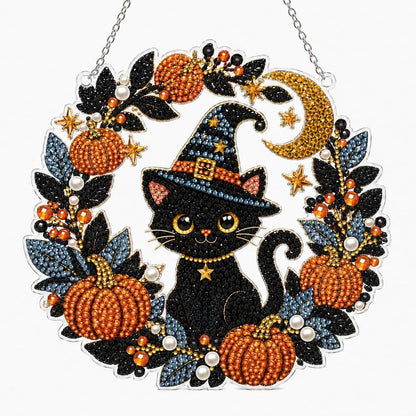 Spookara – Halloween Diamantmalerei-Kranz DIY-Set, Katze & Kürbis