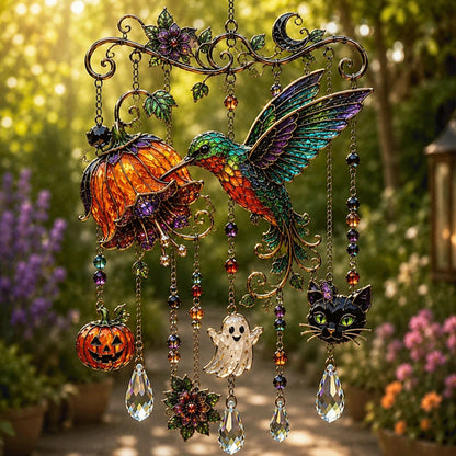 Hexara Halloween-Fensterdeko im Garten aufgehängt
