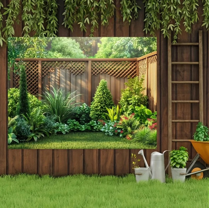 GartenWand™ – Dekoratives Gartentuch mit Holzzaun-Design