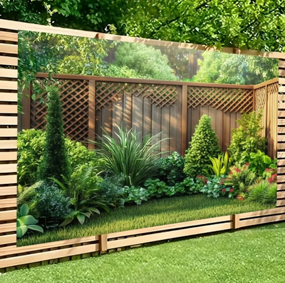 GartenWand™ – Dekoratives Gartentuch mit Holzzaun-Design