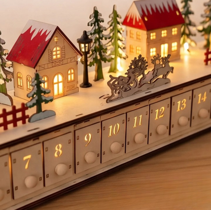 Dorféa – Beleuchteter Holz-Adventskalender mit 24 Schubladen