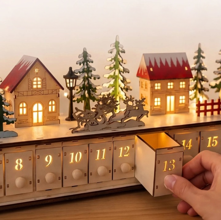 Dorféa – Beleuchteter Holz-Adventskalender mit 24 Schubladen