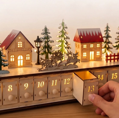 Dorféa – Beleuchteter Holz-Adventskalender mit 24 Schubladen