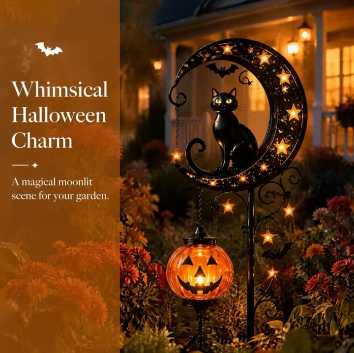 Lunavo – Solar-Halloween-Gartenstecker Mond & Katze