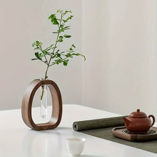 Hydroponische Vase aus Walnussholz und Glas