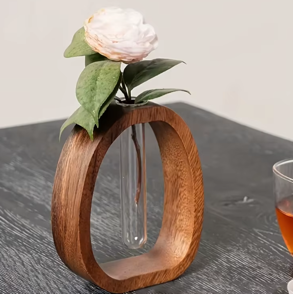 Hydroponische Vase aus Walnussholz und Glas