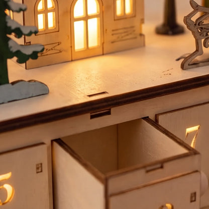 Dorféa – Beleuchteter Holz-Adventskalender mit 24 Schubladen