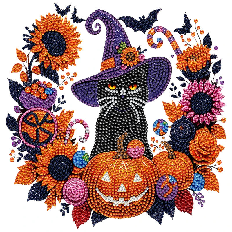 Spookara – Halloween Diamantmalerei-Kranz DIY-Set, Katze & Kürbis
