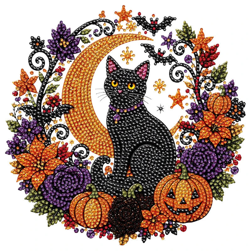 Spookara – Halloween Diamantmalerei-Kranz DIY-Set, Katze & Kürbis
