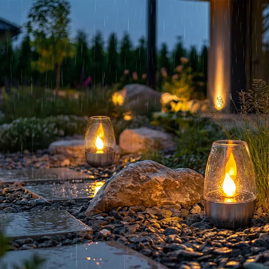 Flammora Solar-LED-Windlicht bei Regen auf der Terrasse