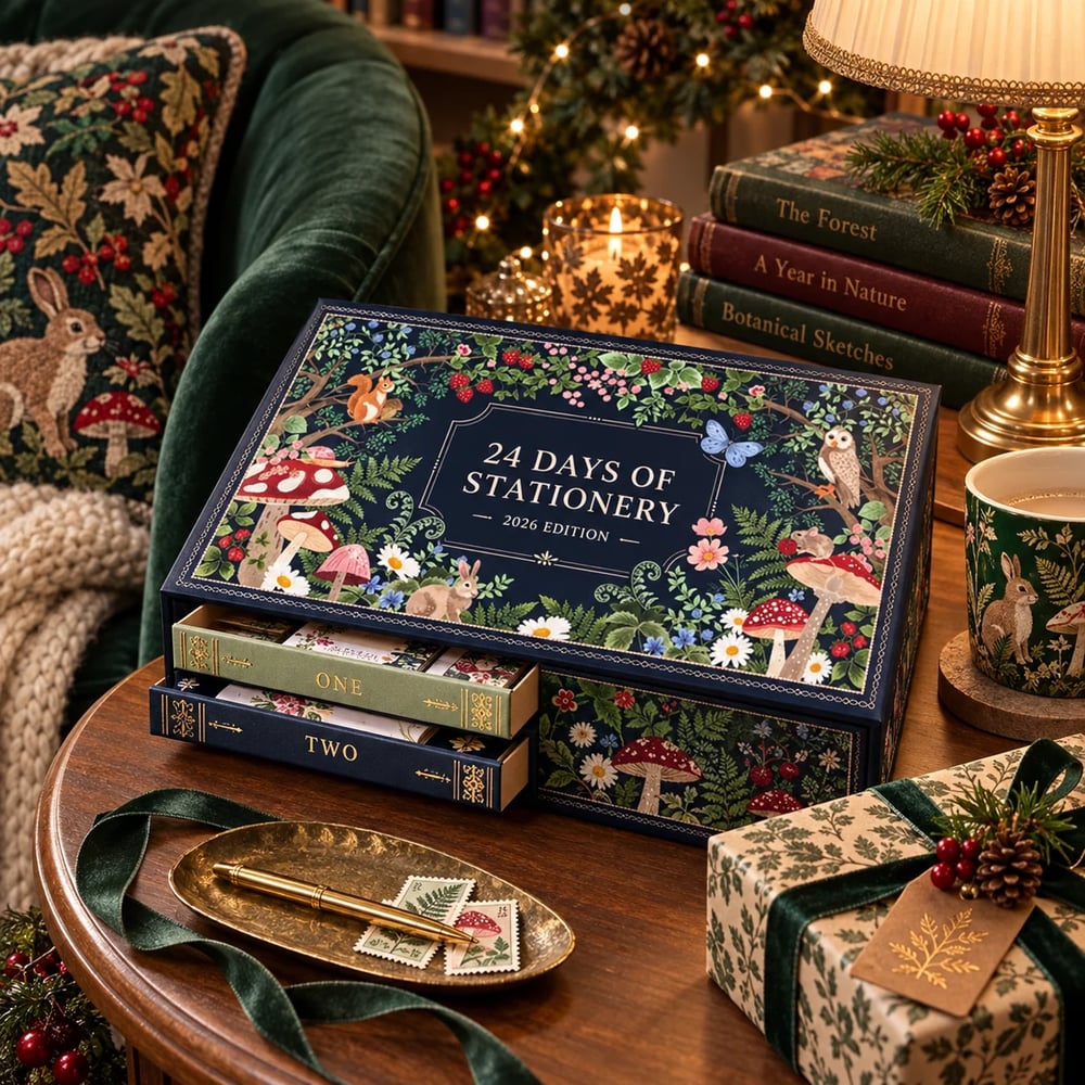 Winterwald-Motiv auf der Geschenkbox in gemütlicher Wohnatmosphäre