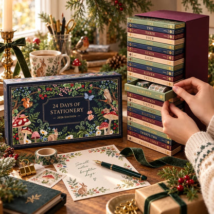 Woodlore Adventskalender mit geöffnetem Türchen und Schreibwaren-Inhalt