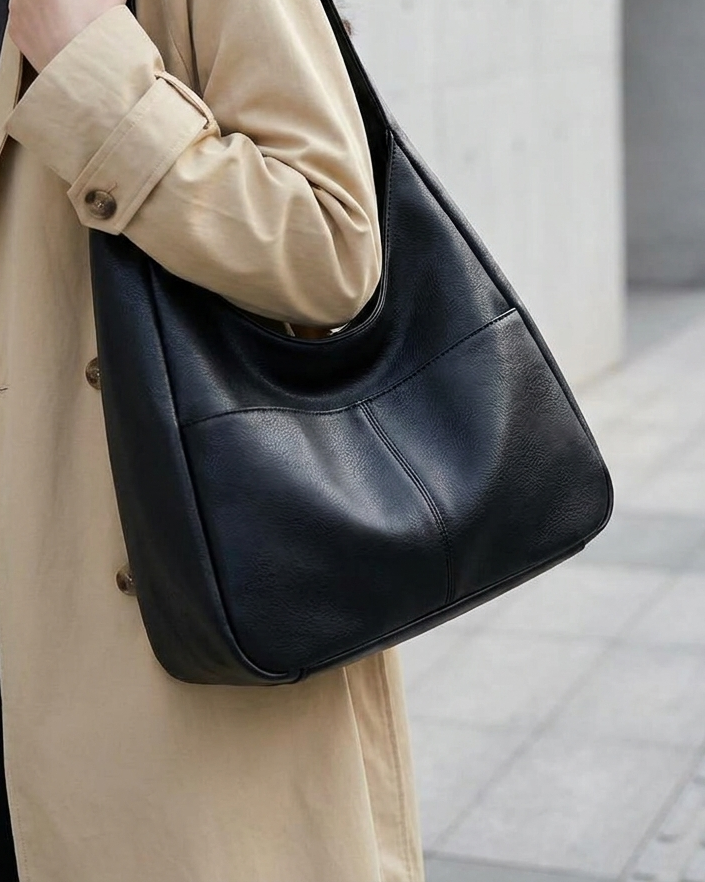 Halvora Hobo-Schultertasche in Schwarz, auf der Schulter getragen im Stadtbild