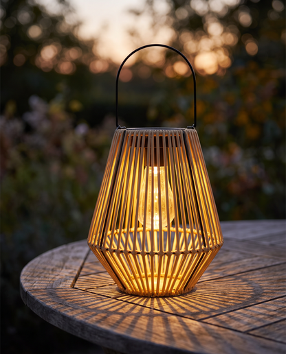 Solera – sfeerbeeld op houten tuintafel bij schemering