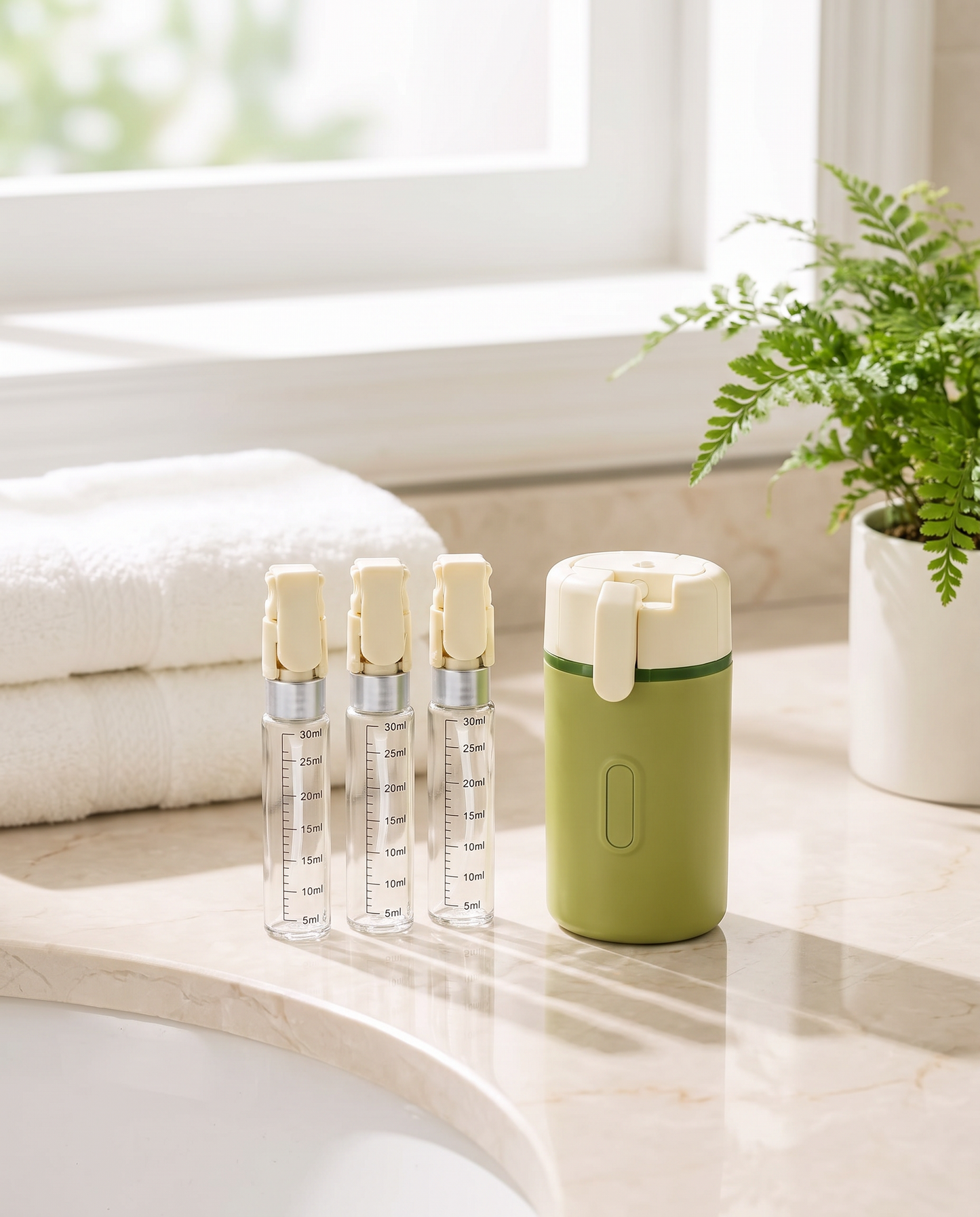 Voyalis 4-in-1 Reise-Dispenser Set in Matcha-Grün mit vier Nachfüll-Tuben auf Marmor-Waschtisch