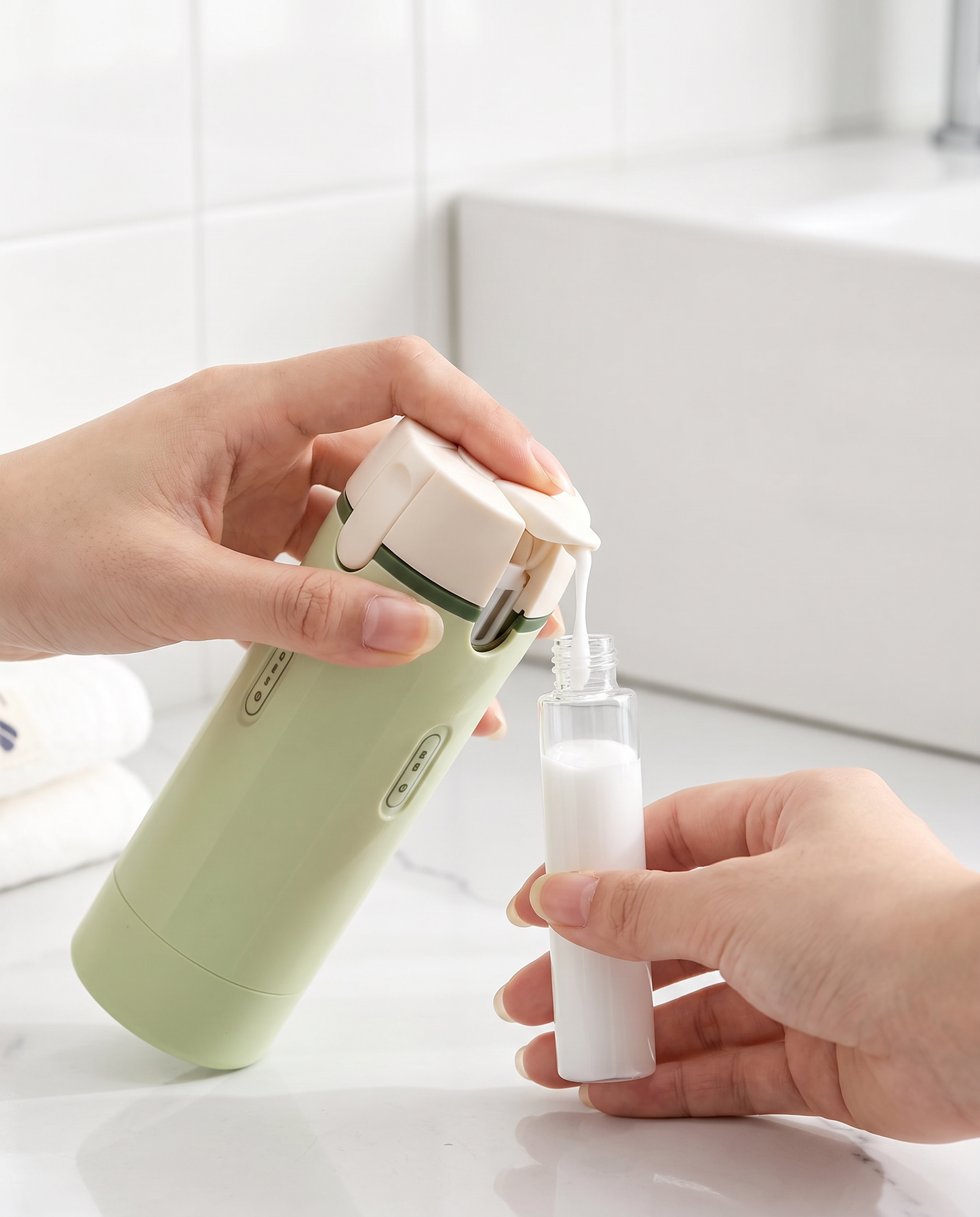 Voyalis Reise-Dispenser wird einfach mit einer Hand in eine Nachfüll-Tube befüllt