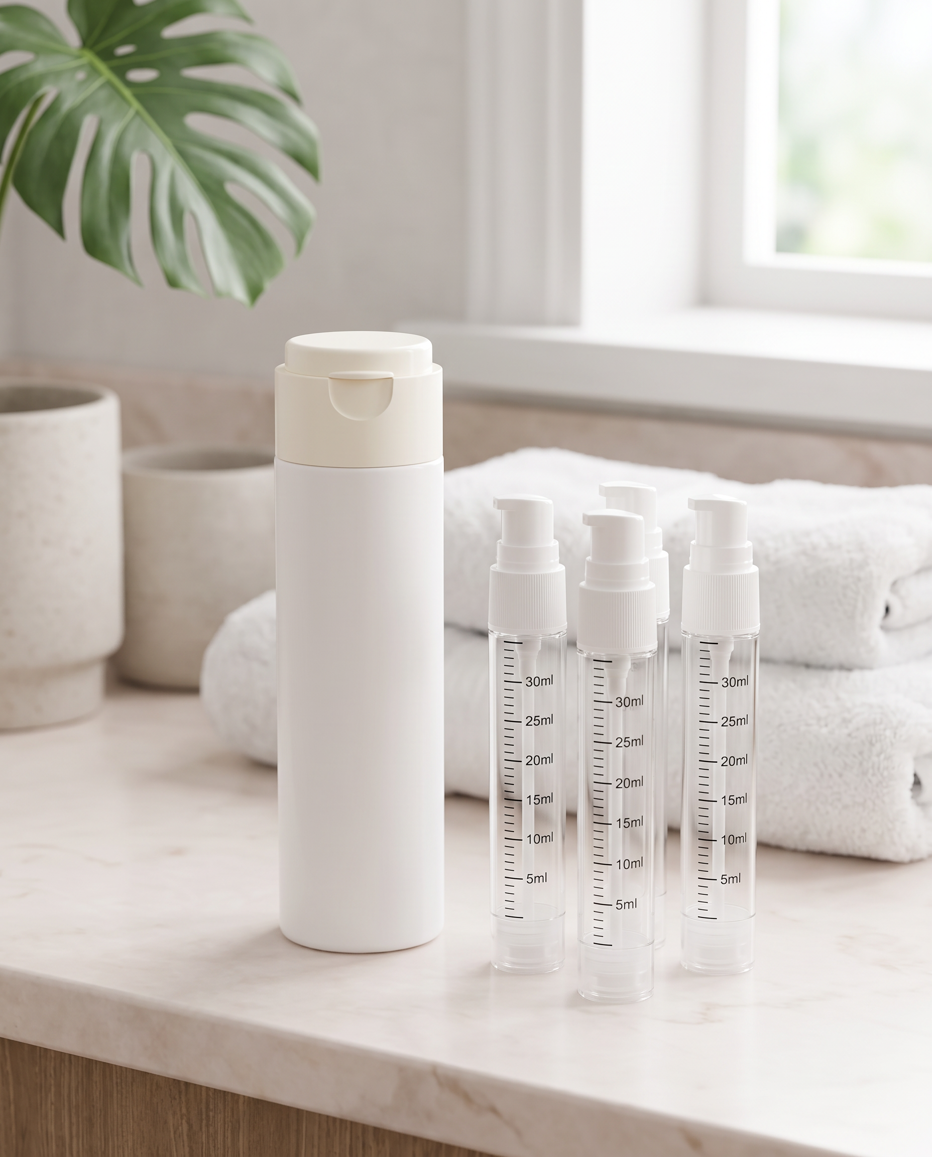 Voyalis 4-in-1 Reise-Dispenser in Elegant Weiß mit vier Nachfüll-Tuben auf Marmor-Waschtisch