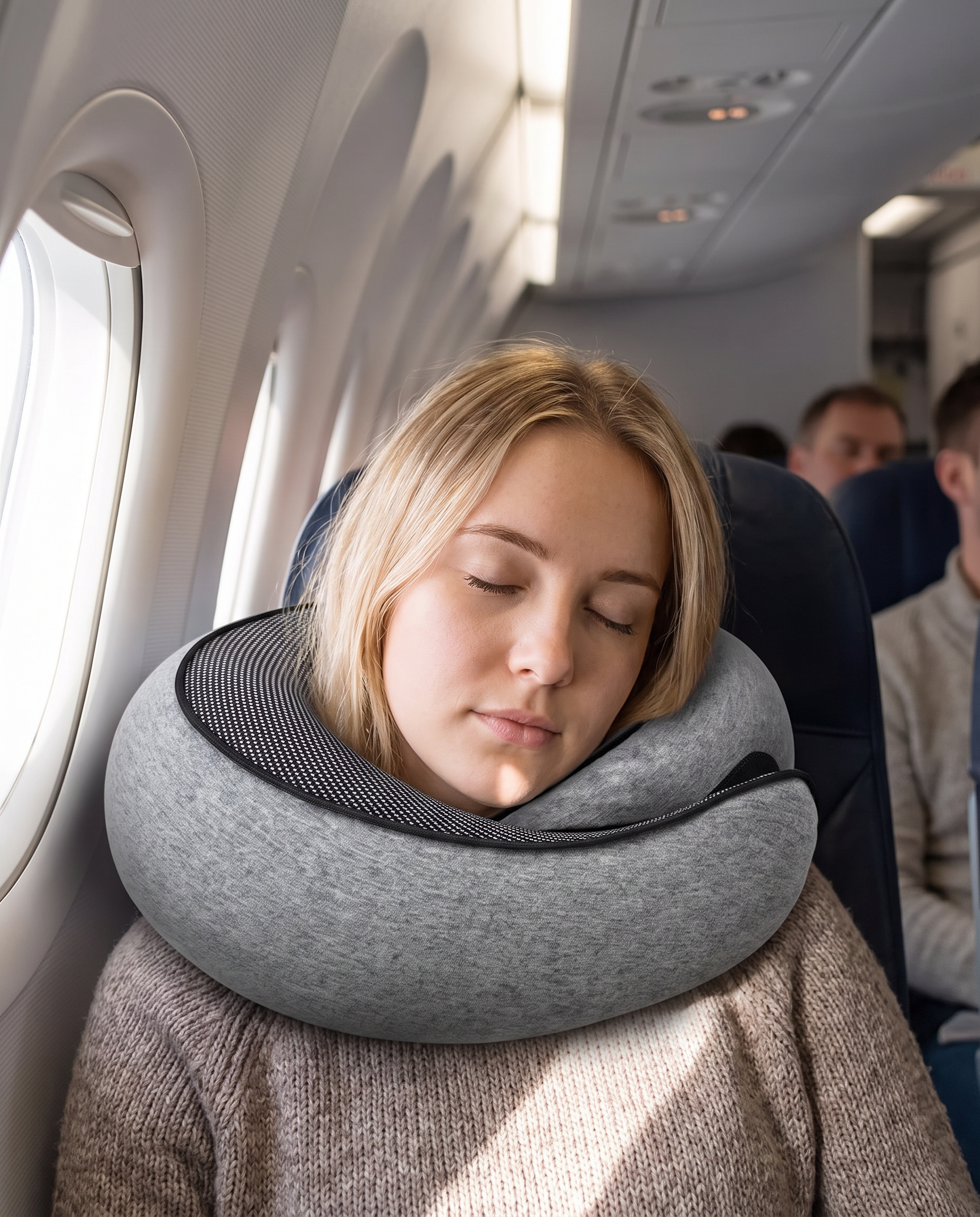 Frau schläft entspannt im Flugzeug mit dem Snuvia Reise-Nackenkissen