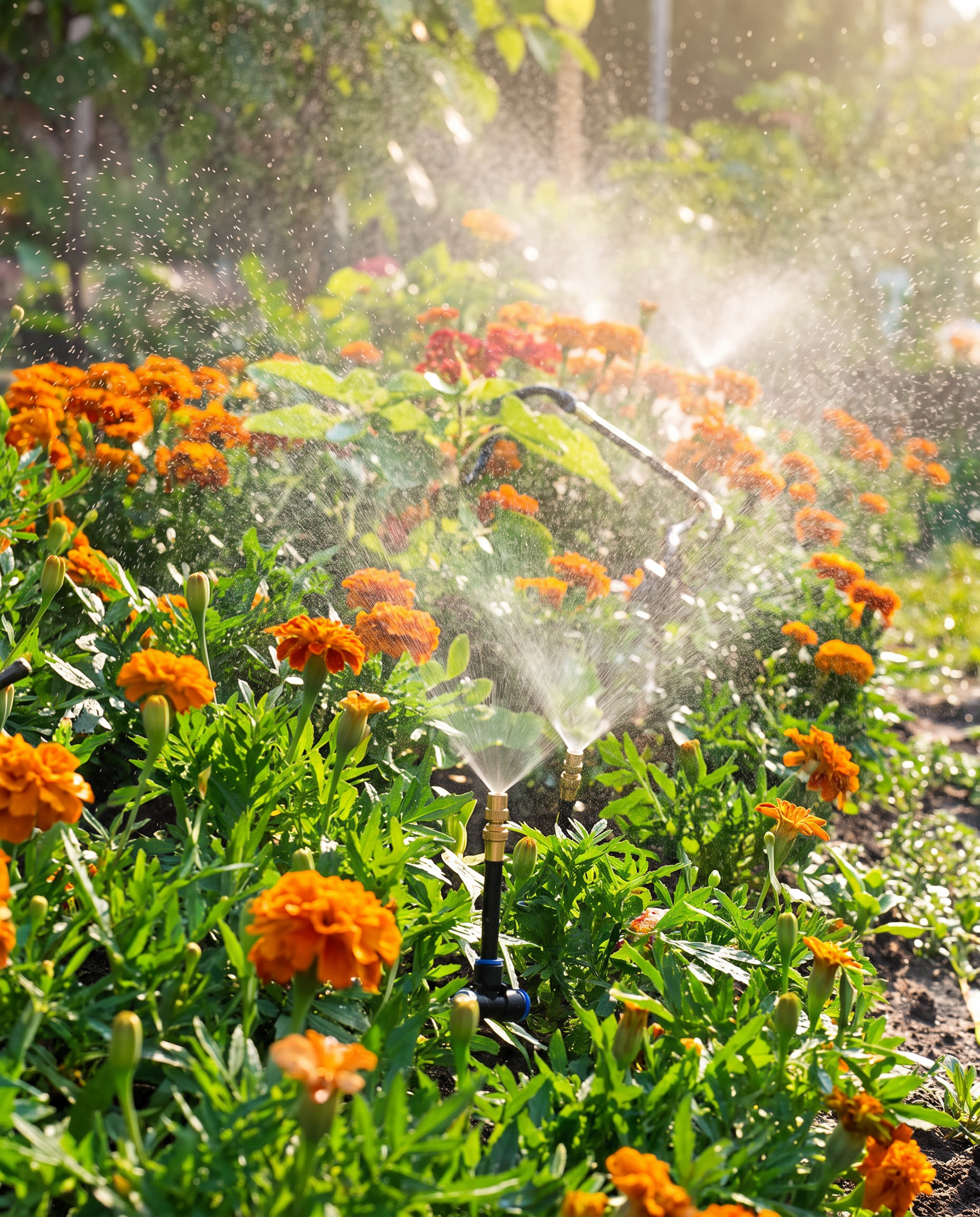 Aquveo Mikro-Bewässerungssystem bewässert Blumenbeet im Garten
