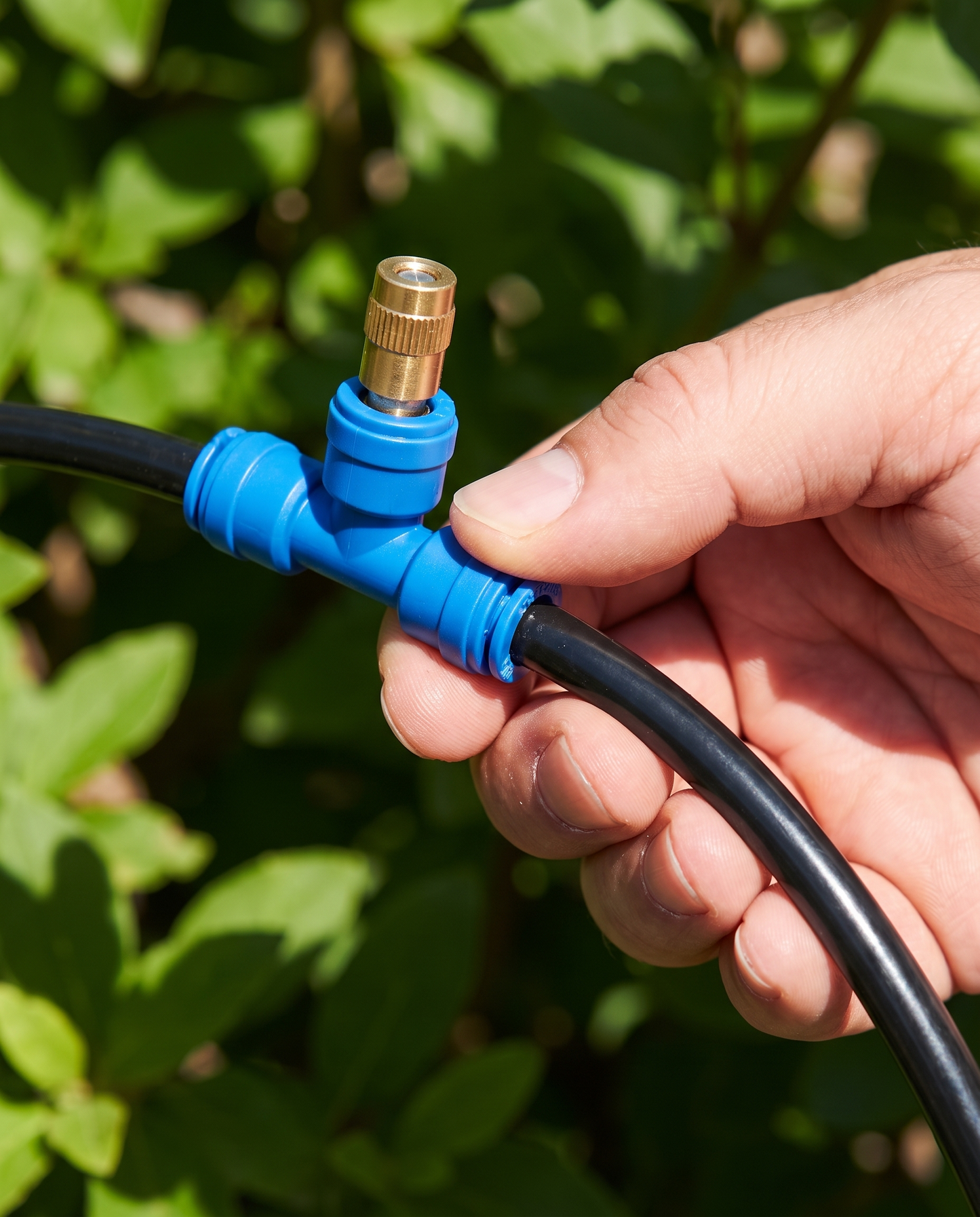 Hand steckt Schlauch in Quick-Plug-Steckverbinder des Aquveo Bewässerungssets
