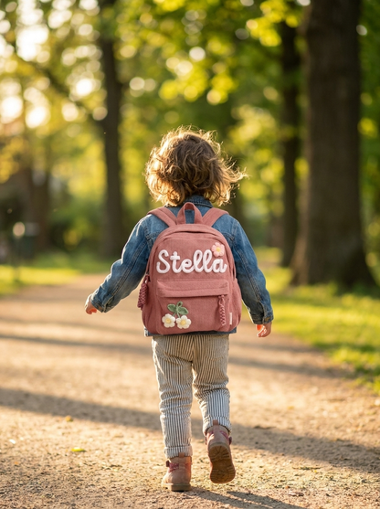 Kind trägt personalisierten Cord-Rucksack in Altrosa beim Spaziergang