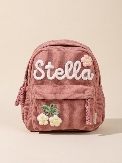 Personalisierter Kinderrucksack aus Cord in Altrosa mit Namensstickerei