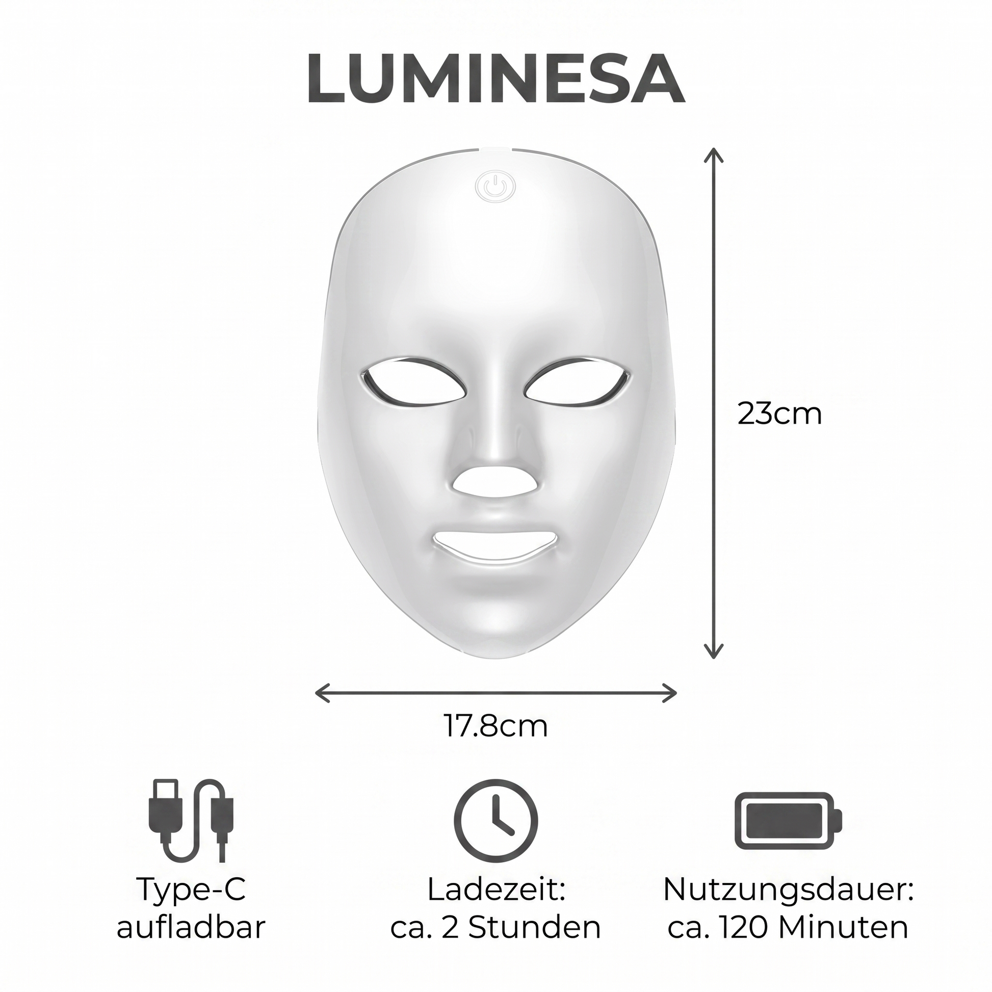 Luminesa LED-Gesichtsmaske Infografik Ladezeit Nutzungsdauer Masse