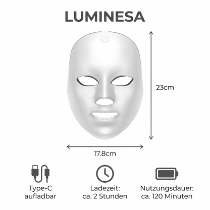 Luminesa LED-Gesichtsmaske Infografik Ladezeit Nutzungsdauer Masse